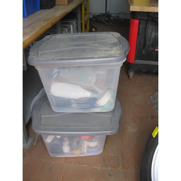 2 BINS OF TAPE, PAINT, SPRAY BOTTLES, ETC.