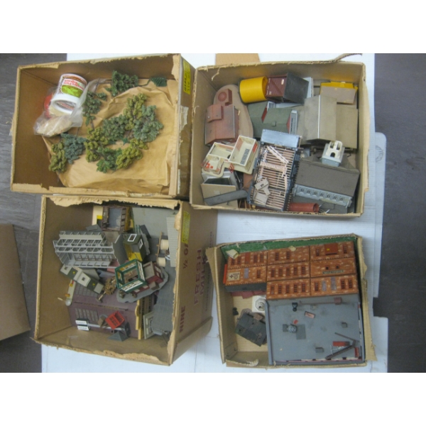 3 BOXES OF MISC. BUILDINGS, TREES, ASST. ITEMS FOR HO TRAIN