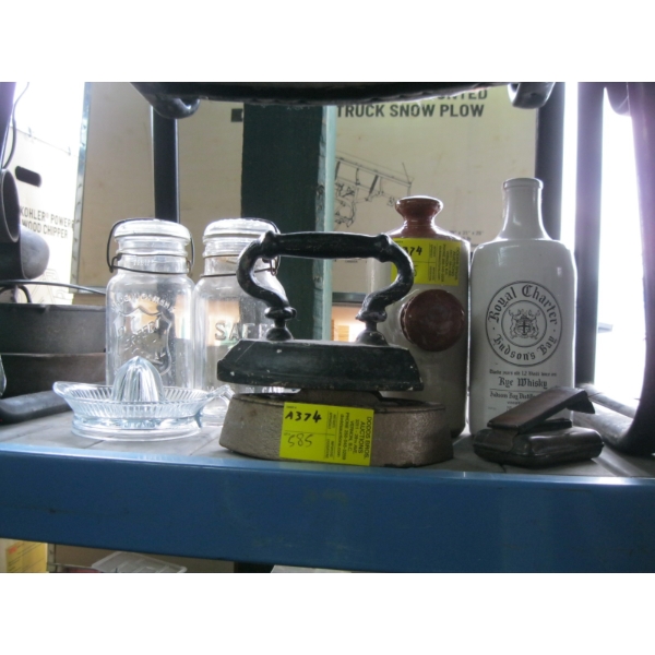 COLLECTABLES: JARS, BOTTLES, BED WARMER, SAD IRONS, ETC.