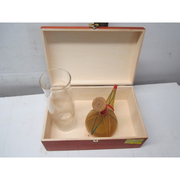 WOODEN BOX W/MISC. DECANTER & VASE