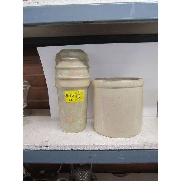 1 GALLON CROCK & A DECORATIVE VASE