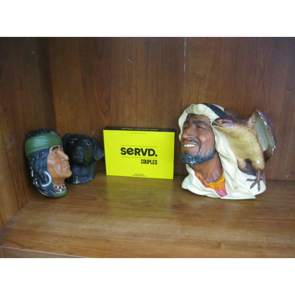 SM. LOT OF DÉCOR (BOSSON??) HEADS WALL HANGINGS & A CARD GAME