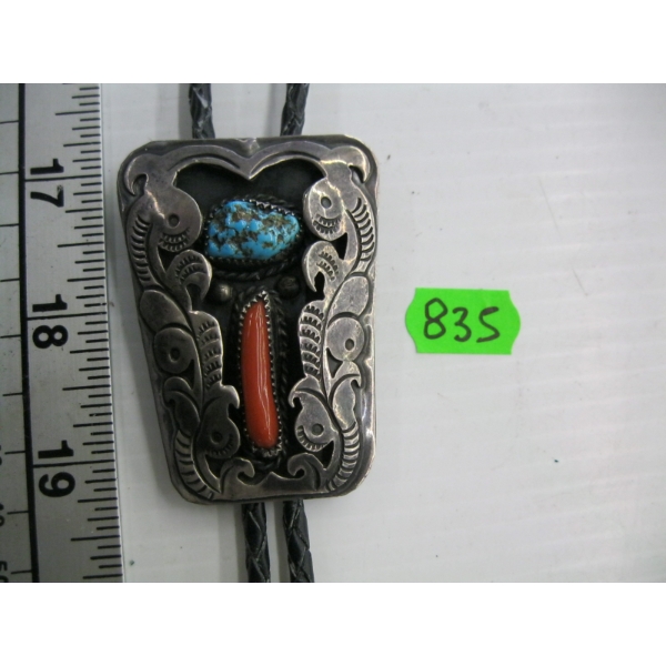 SILVER W/CORAL & TURQUOISE STONE BOLO TIE, STAMPED W/MAKER'S NAME