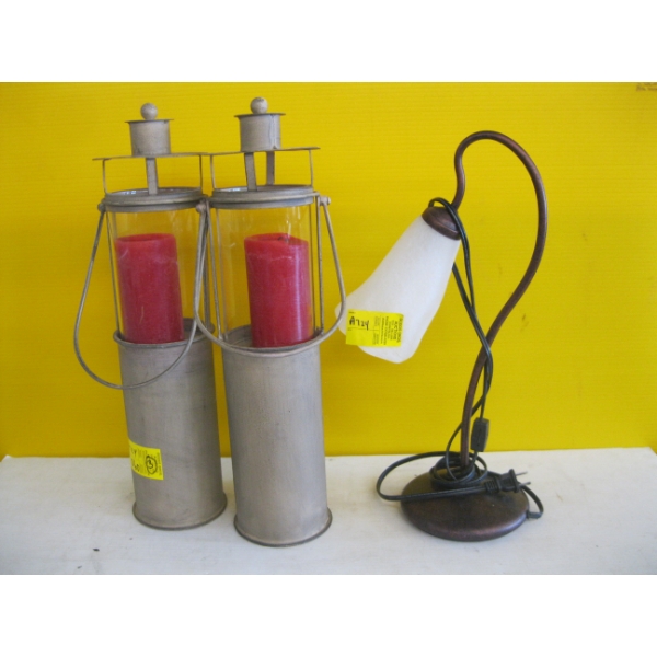 2 CANDLES IN METAL HOLDERS & SM. LAMP