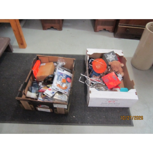 2 BOXES OF MISC. - TEDDY BEAR, TINS, NEW PAINTBRUSHES, ETC.