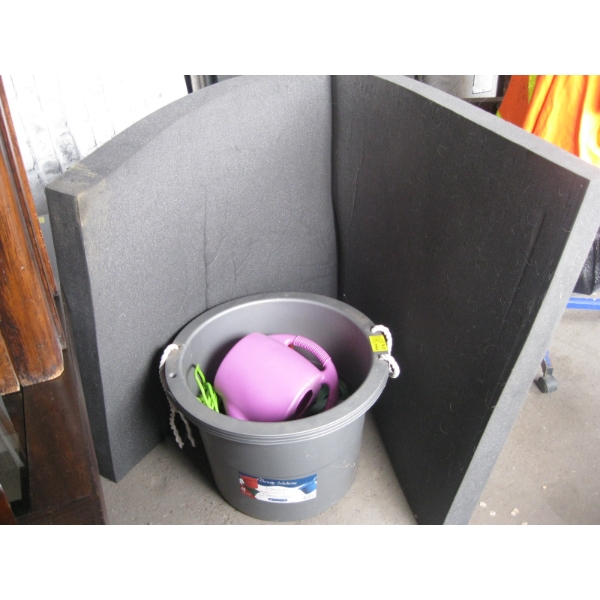 PIECE OF FOAM AND LG BUCKET W/ EXTENTION CORD & MISC