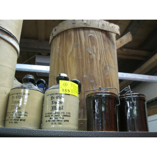 4 SMALL CROCKERY ITEMS, LIQUOR CONTAINERS, WOOD DRUM CONTAINER