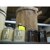Image 1 : 4 SMALL CROCKERY ITEMS, LIQUOR CONTAINERS, WOOD DRUM CONTAINER