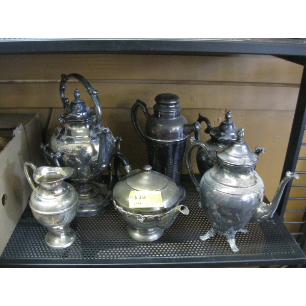 6 SILVERPLATE TEAPOTS, ETC.