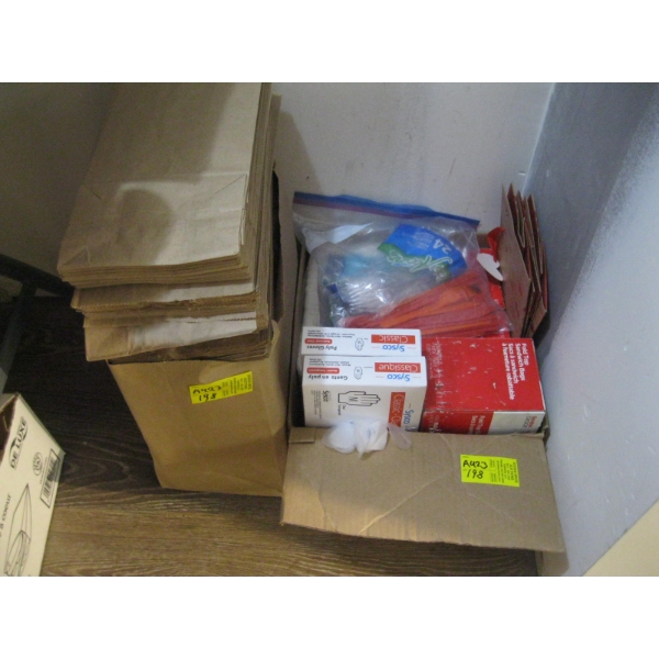 BOX & BAG OF MISC. BROWN PAPER BAGS, GLOVES, SANDWICH BAGS, ETC.
