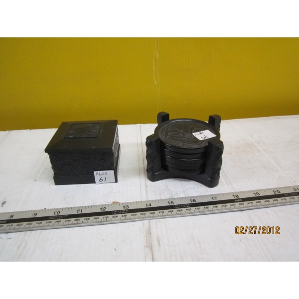 BLACK CARVED LIDDED BOX & A COASTER SET