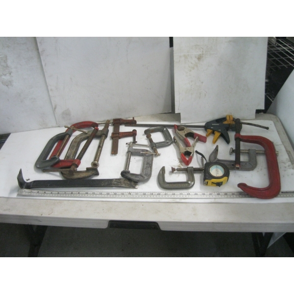 BLUE TOTE OF ASST. C CLAMPS, PRY BARS, ETC.