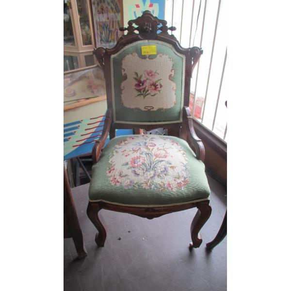 NEEDLEPOINT CUSHIONED ANTIQUE WOOD FRAMED CHAIR