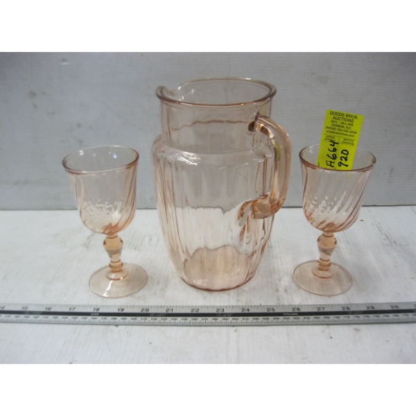 JUG & 2 CUPS OF PINK DEPRESSION GLASS