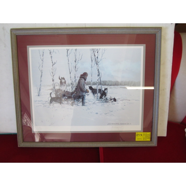 FRAMED NUMBERED PRINT OF SLED DOGS, 306/500 BY JON VAN ZYLE, ALASKA '84