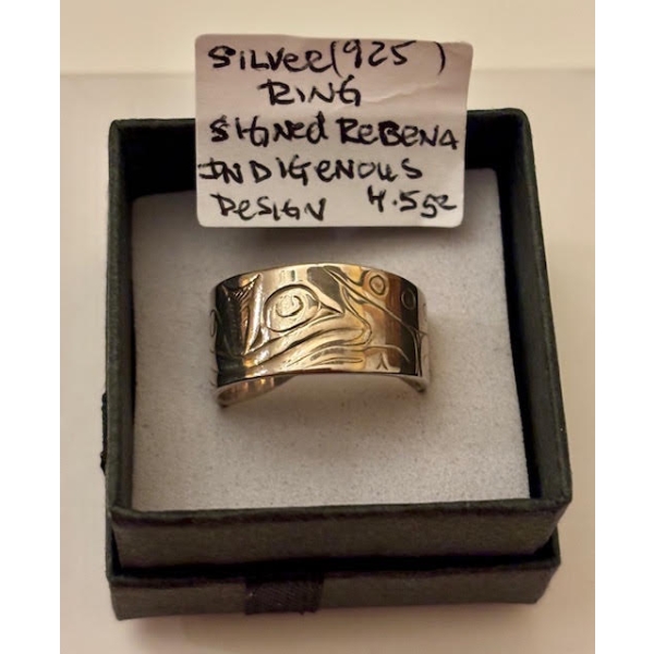 SILVER .925 RING, SIGNED REBENA, INDIGENOUS DESIGN, 4.5G, SZ 7 3/4