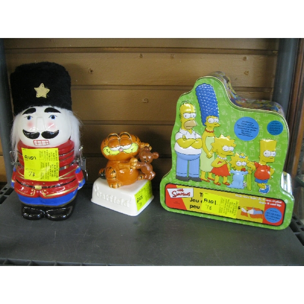 COLLECTABLE TIN, GARFIELD FIGURINE & LIDDED RUSSIAN FIGURINE JAR