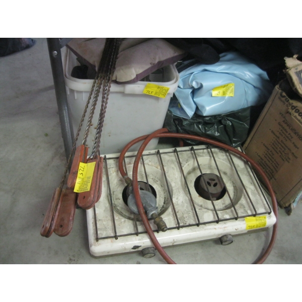 MISC. CAMPING SUPPLIES: PROPANE GRILL, COLEMAN PROPANE LANTERN, AIR MATTRESS, ETC.