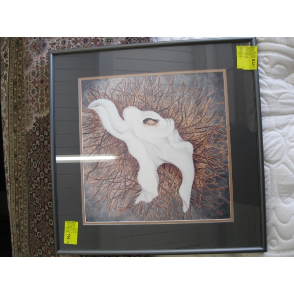 FRAMED PICTURE OF LADY IN BLANKET & NEST