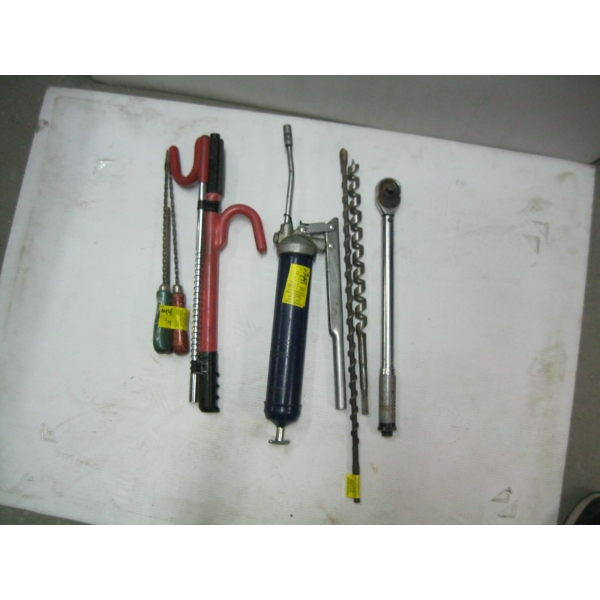 MISC. GREASE GUN, DRILLS BITS, TORQUE  WRENCH, ETC.