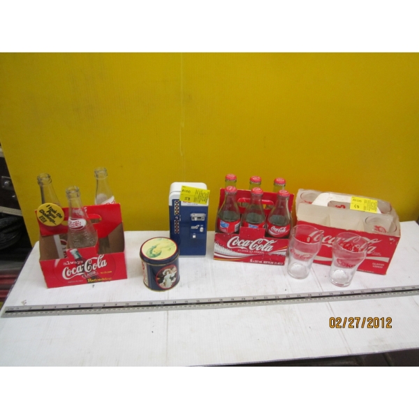 COCA COLA BOTTLES, CUPS, PEPSI COLA TIN, ETC.