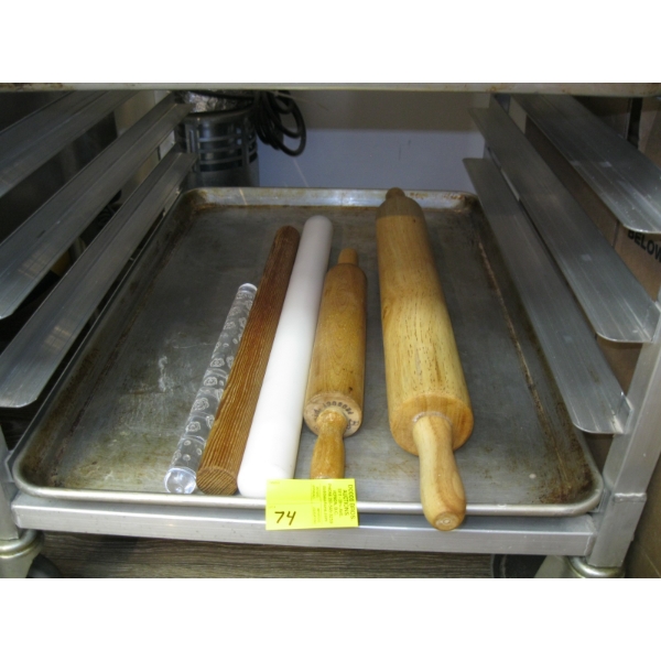 2 WOODEN ROLLING PINS, DECORATIVE FLOWER ROLLER, SHEET PAN, ETC.