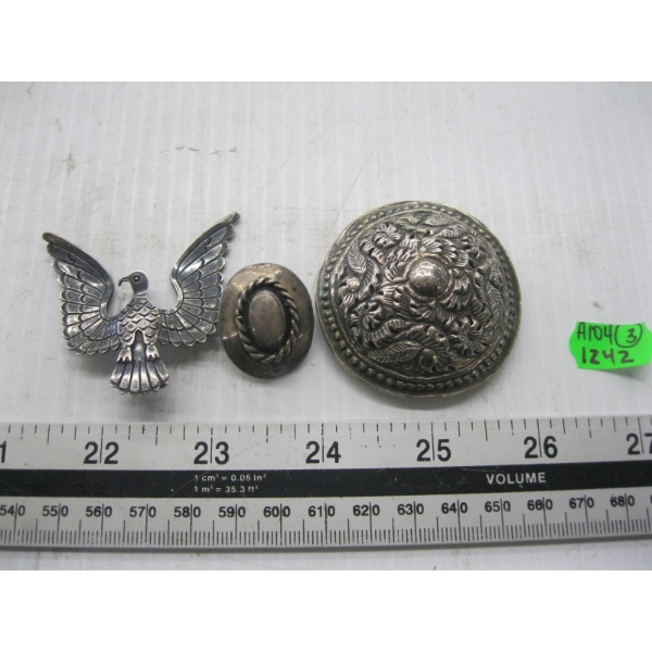 3 SILVER PIECES - BELT SLIDE ON, EAGLE PIN, ETC.