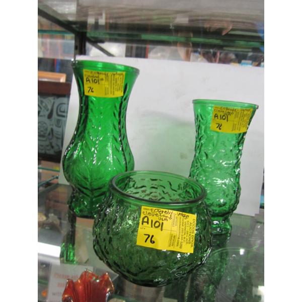 3 GREEN E.O. BRODIE VINTAGE CLEVELAND GLASS VASES