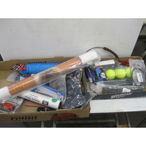 2 BOXES OF MISC. DOG ACCESS., GOLF BALLS, ROPE, ETC.