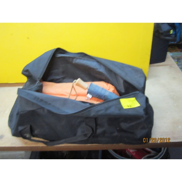 BLACK BAG W/FLIPPERS, LIFEJACKET, UMBRELLA, ETC.