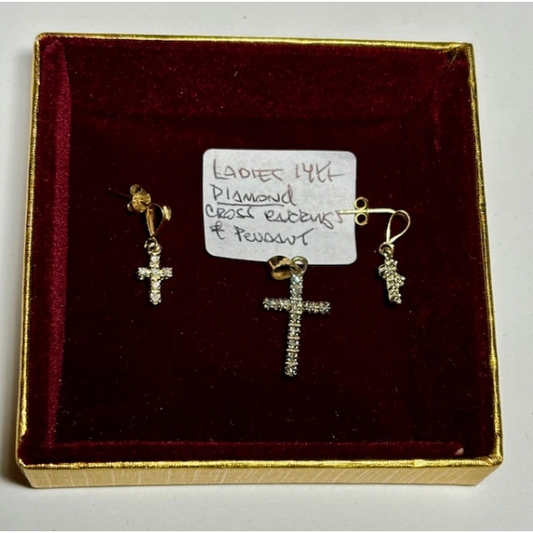 14KT DIAMOND CROSS EARRINGS & PENDANT