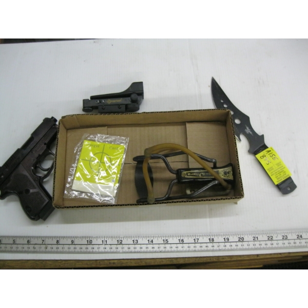 MISC. PLASTIC PISTOL, KNIFE, SLINGSHOT (NEEDS NEW RUBBERS), ETC.