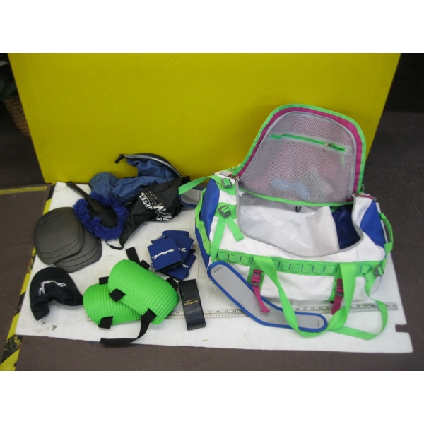 DUFFLE BAG W/KNEE PADS, HATS, ETC.
