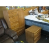 Image 1 : OAK BEDROOM SUITE - MIRRORED DRESSER, HIGHBOY CHEST OF DRAWERS, HEADBOARD & 2 DRAWER NIGHTSTAND