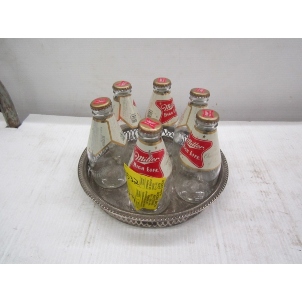 MILLER HIGHLIGHT BEER BOTTLES IN SILVERPLATE TRAY