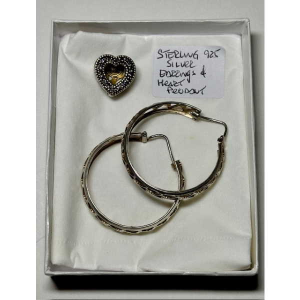 PAIR OF STERLING .925 SILVER EARRINGS & HEART PENDANT