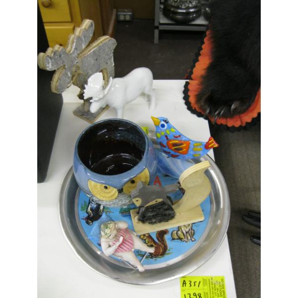 ASST. COLLECTABLE MOOSE FIGURINES, BIRD, OWL BOWL, ALUMINUM TRAY, ETC.