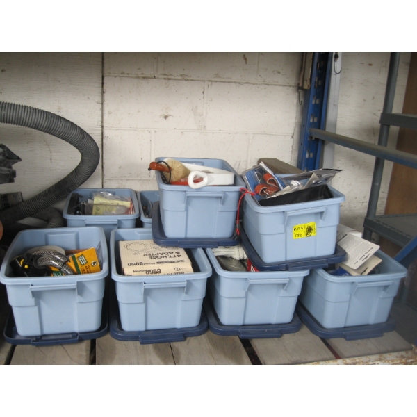 9 PLASTIC BINS W/MISC. NEW CONTENTS