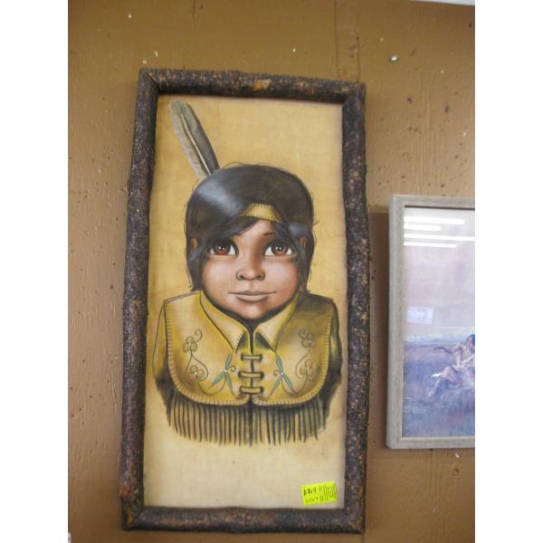 PAINTING ON MATERIAL W/WOOD FRAME OF NATIVE CHILD
