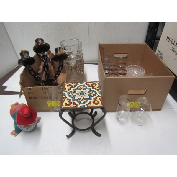 2 BOXES OF MISC. CANDLE HOLDER, GNOME, GLASSES, ETC.