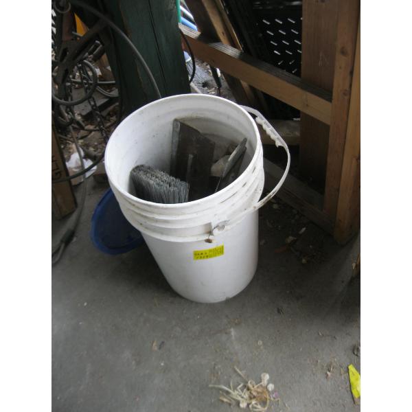 BUCKET OF CONCRETE TROWELS, ETC.