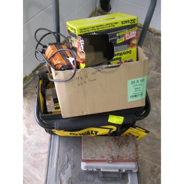 DEWALT TOOLBAG W/MISC. TOOLS & A BOX W/MISC. TOOLS, GARBAGE BAGS, ETC.