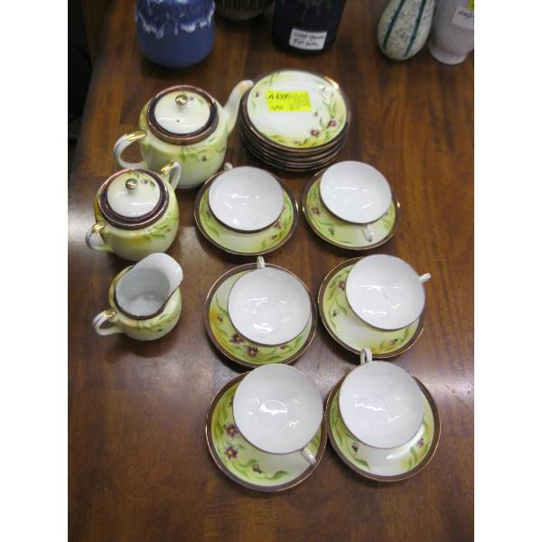 DECORATIVE HAND PAINTED TEA SET - CUPS/SAUCERS, TEAPOT, CREAM, SUGAR, ETC.