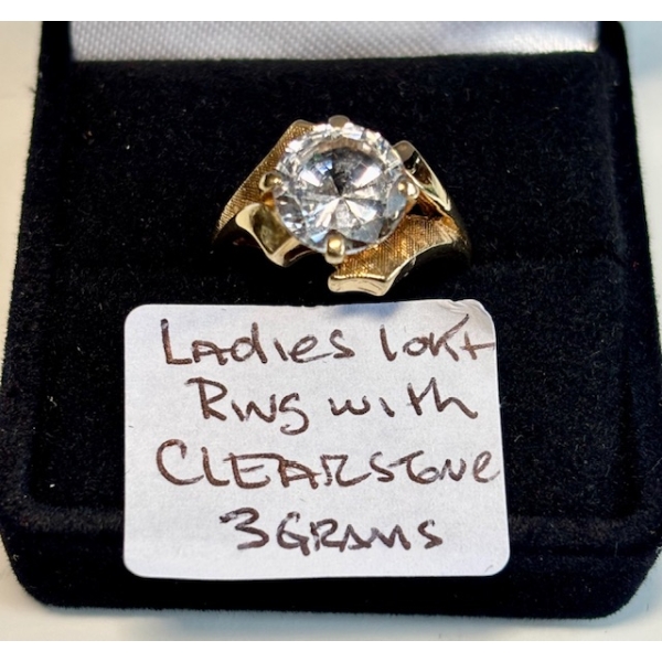 LADIES 10KT RING W/CLEAR STONE, 3G, SZ 4 3/4