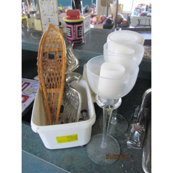 MISC. EAGLE FIGURINE, SNOWSHOES, CANDLEHOLDERS, ETC.