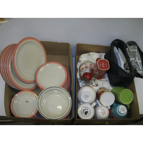2 BOXES OF DISHES, MUGS, MEASURING CUPS, ETC.