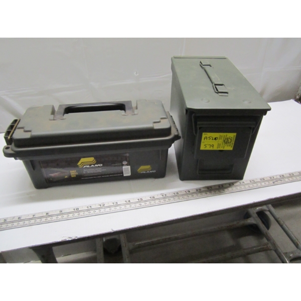 METAL MILITARY BOX & A PLASTIC PLANO SHELL BOX