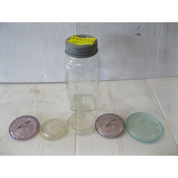 VINTAGE BLUE RIBBON COFFEE GLASS JAR & GLASS CANNING JAR LIDS