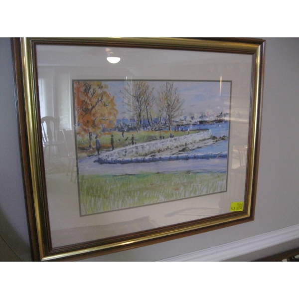 FRAMED ORIGINAL PAINTING OF SEA WALL SCENE