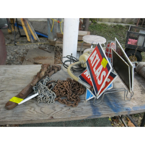 MISC. CHAIN, VINTAGE TOOLS, SIGNS, ETC.